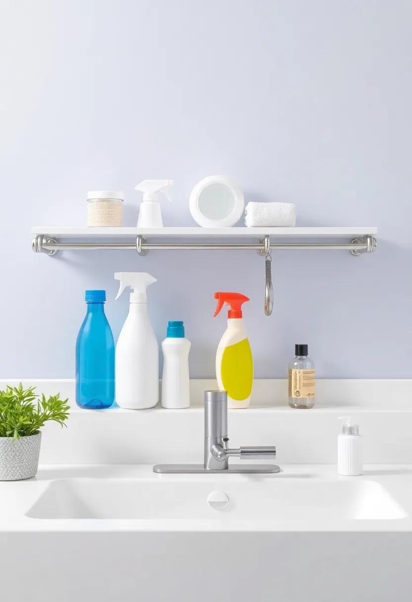 13) Hang a ⁢tension⁣ rod⁢ under the sink to organize cleaning supplies ​and⁢ spray⁢ bottles
