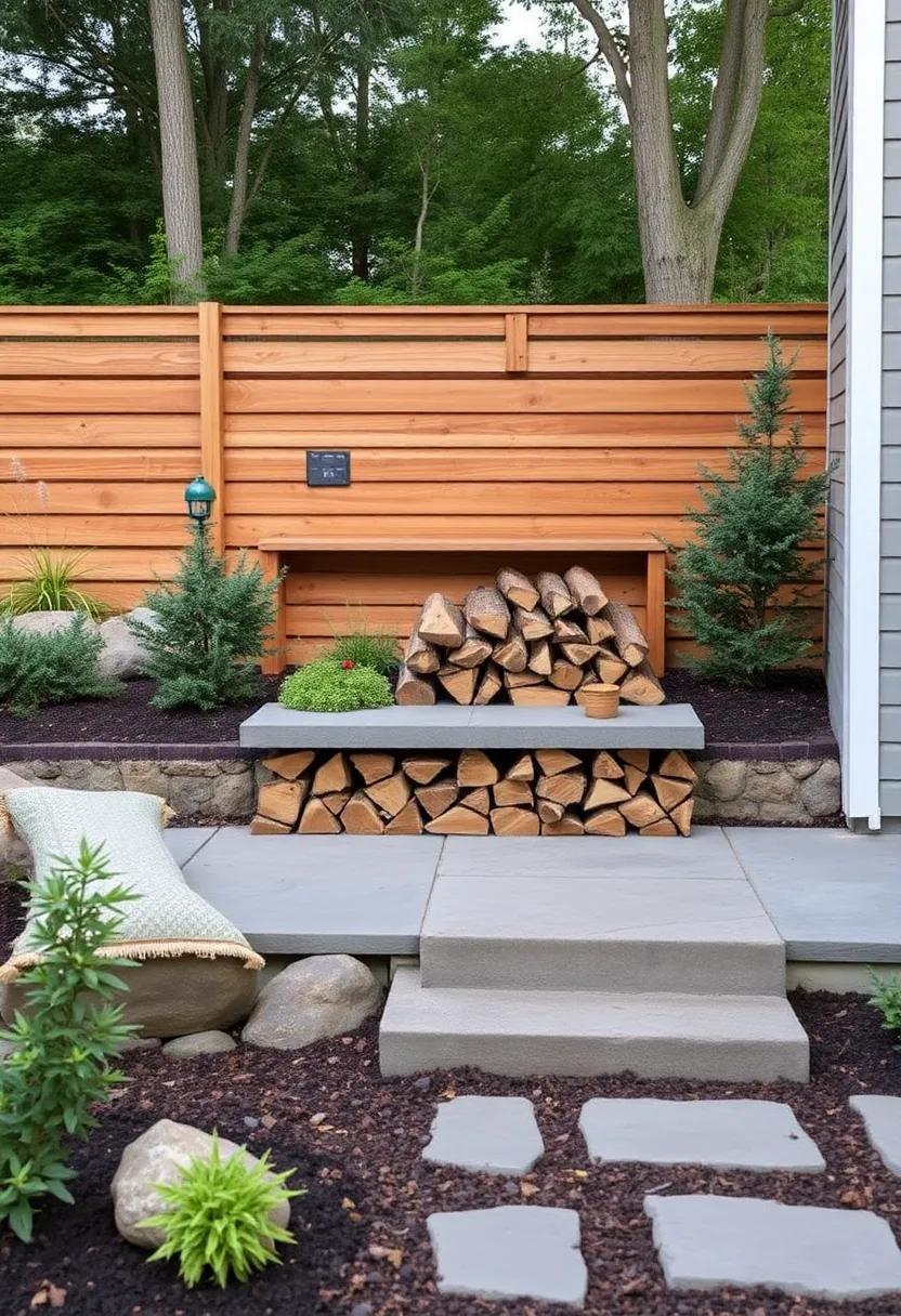 23) Incorporate a Firewood Storage Feature: design a functional and artistic firewood storage area that enhances the landscape’s overall look