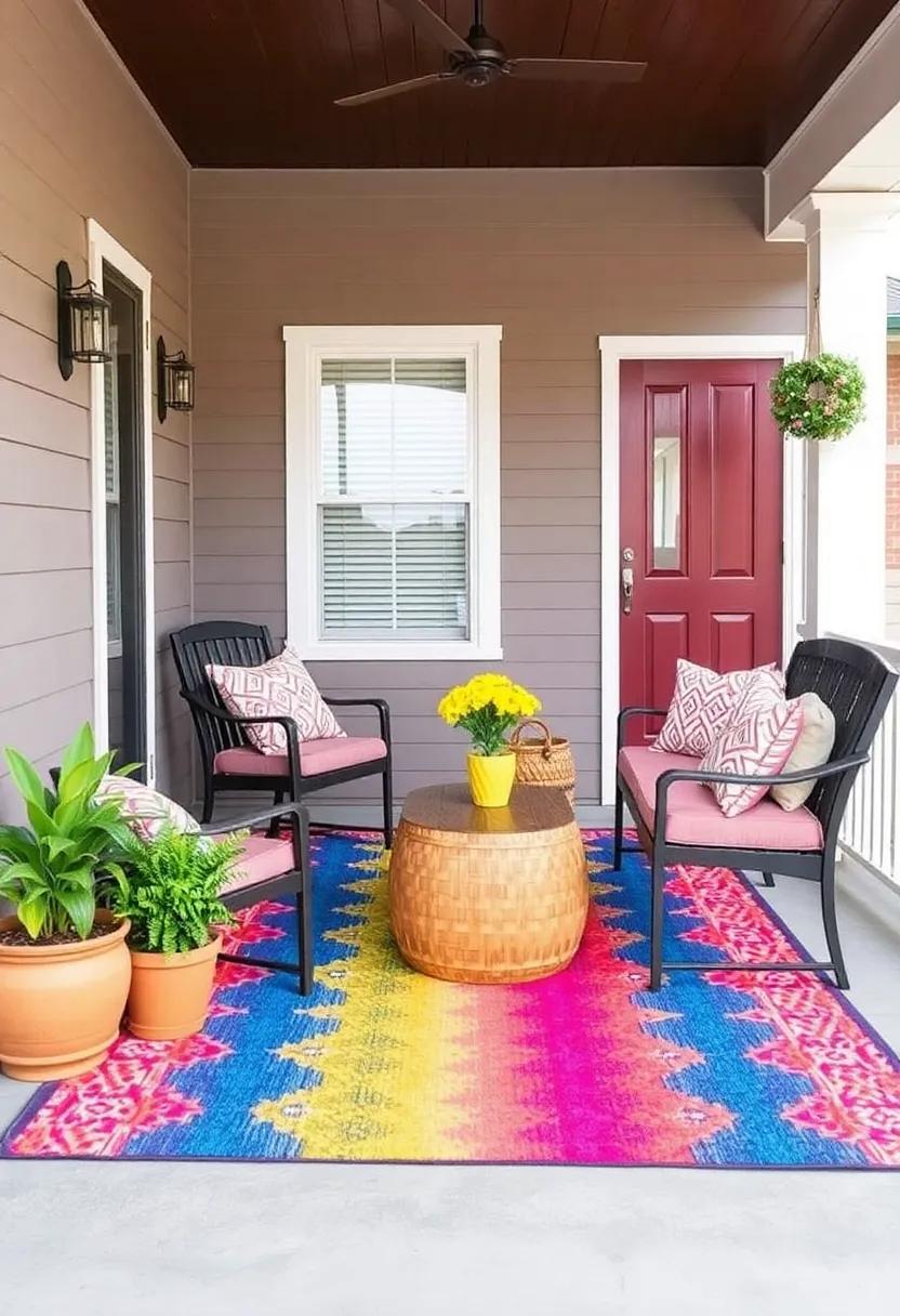 11)⁣ Colorful Outdoor Rugs: Anchor your seating area with a vibrant outdoor ⁤rug ​that‍ adds color and texture, making your porch feel like an extension of your home
