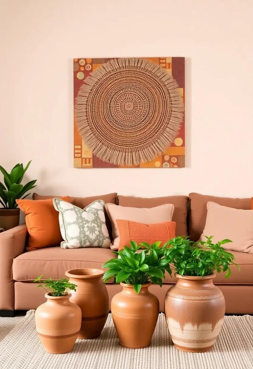 1) Terracotta ‍Tones: Add warmth to your living room with terracotta pots and vases filled with lush greenery