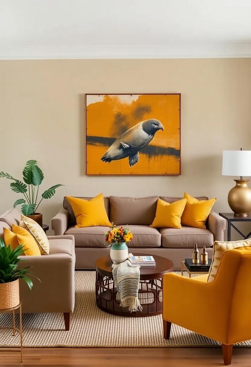 4) Mustard Yellow Highlights: Use mustard yellow in cushions or art pieces to evoke a ⁣cheerful but grounded atmosphere