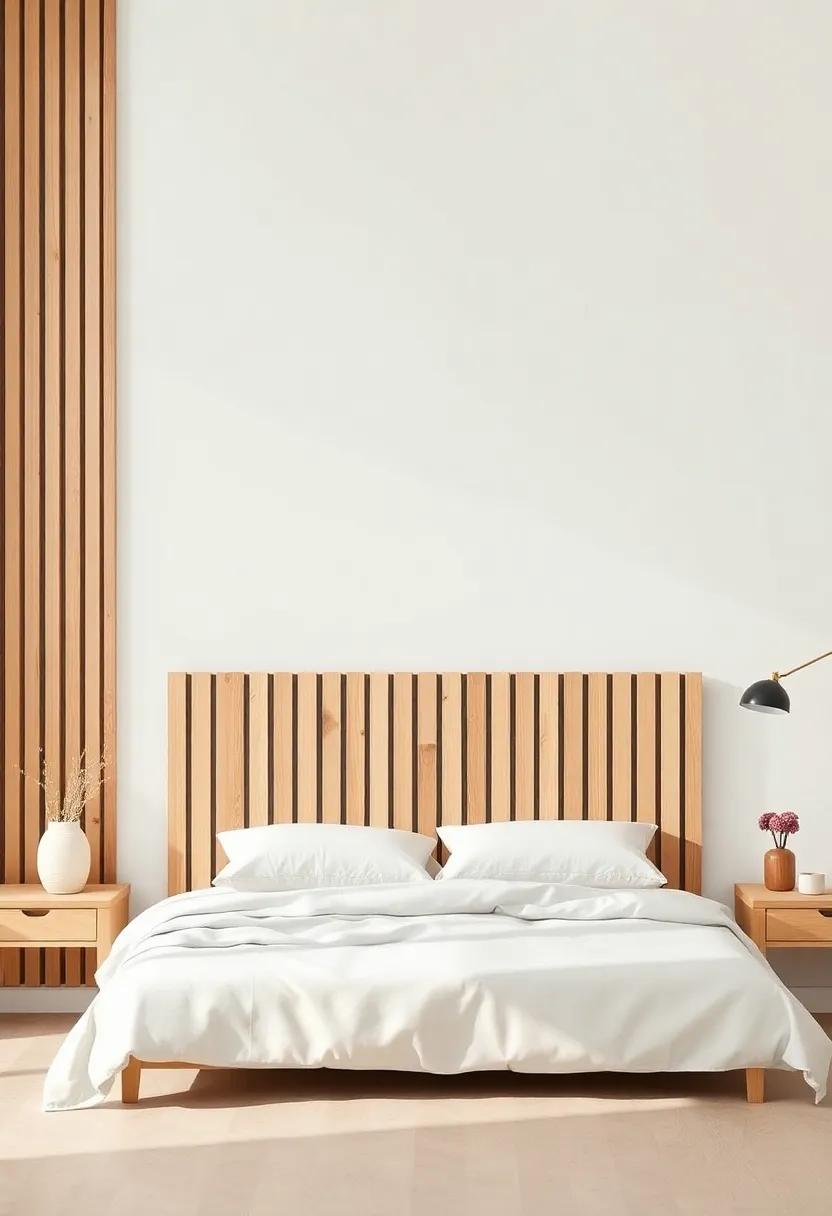 2) Minimalist⁢ Wooden Slats: ⁤Leaning towards a modern⁤ aesthetic,​ a simple‌ wooden slatted headboard ‍brings an earthy, ⁣Scandinavian vibe‌ to your space