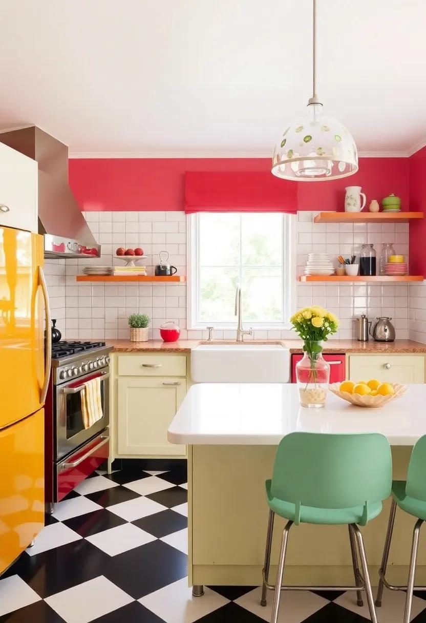 7) Retro Revival: Bring back the charm of‌ the past with bright color schemes, checkered floors, and retro appliances