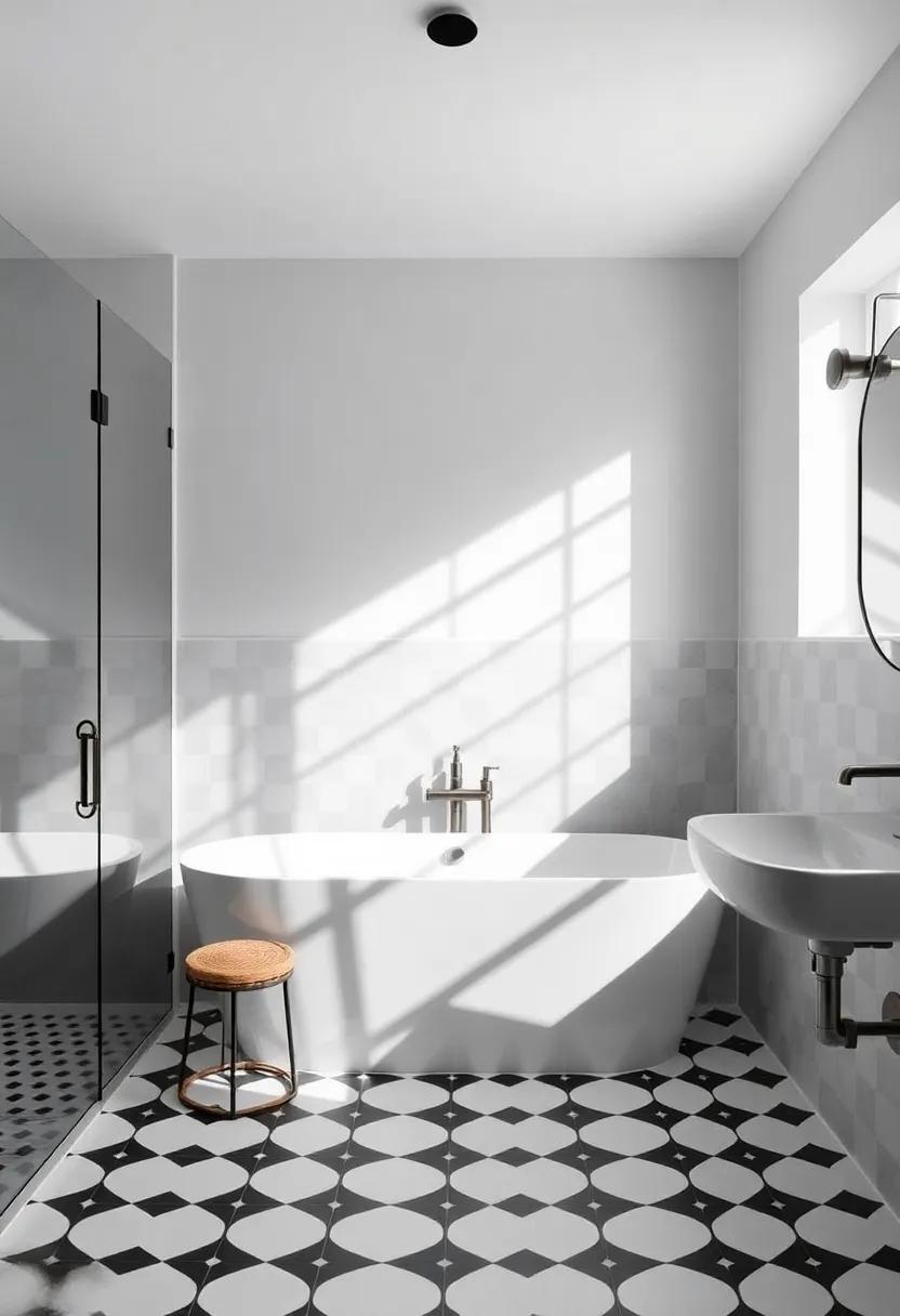14) ⁤Dynamic Contrast: Explore a ‍high-contrast bathroom⁤ that plays with light and shadow, showcasing interconnected geometric ⁣patterns that draw ​the eye