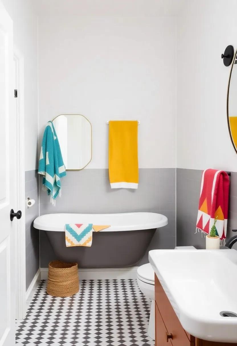 15) A Splash of⁢ color: Brighten a minimalist Scandinavian bathroom with colorful​ geometric accents, such as towels and decor⁤ that add playful pops