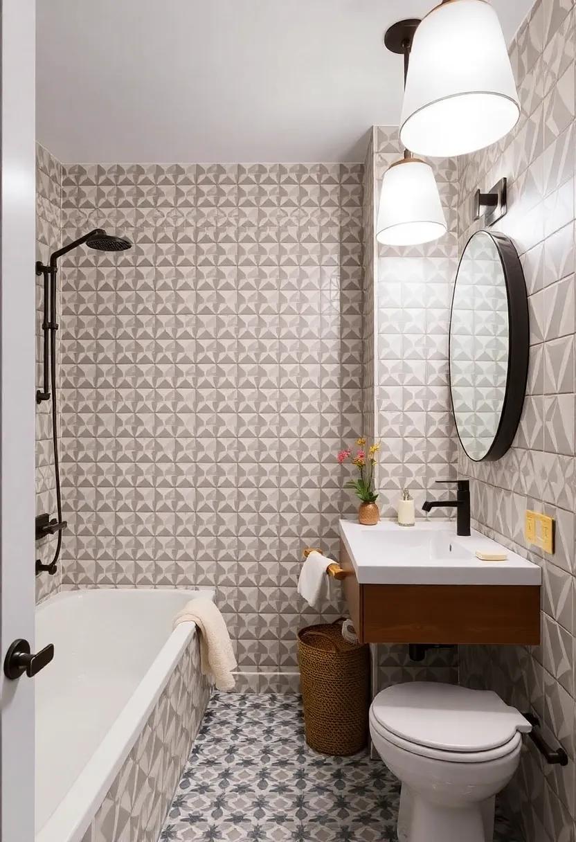 10) Statement Lighting: Illuminate a geometric-patterned bathroom with striking pendant lights that echo the shapes found in the tiling design