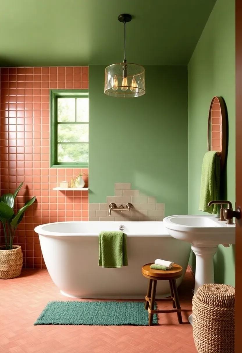 7) Earthy Terracotta and Olive Green: ⁤Bring warmth to ⁤your bathroom with earthy terracotta⁢ tiles and lush olive green ⁢accents that connect you to nature