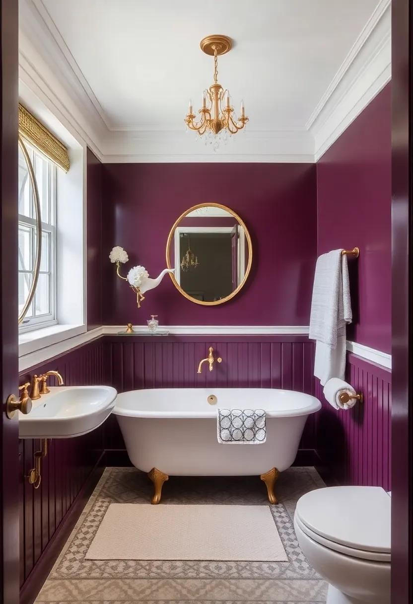 14) Rich Plum and⁢ Soft Gold: ‌Establish a luxurious feel with rich plum hues balanced by soft‌ gold ‌fixtures ⁤that add a⁢ touch⁤ of elegance