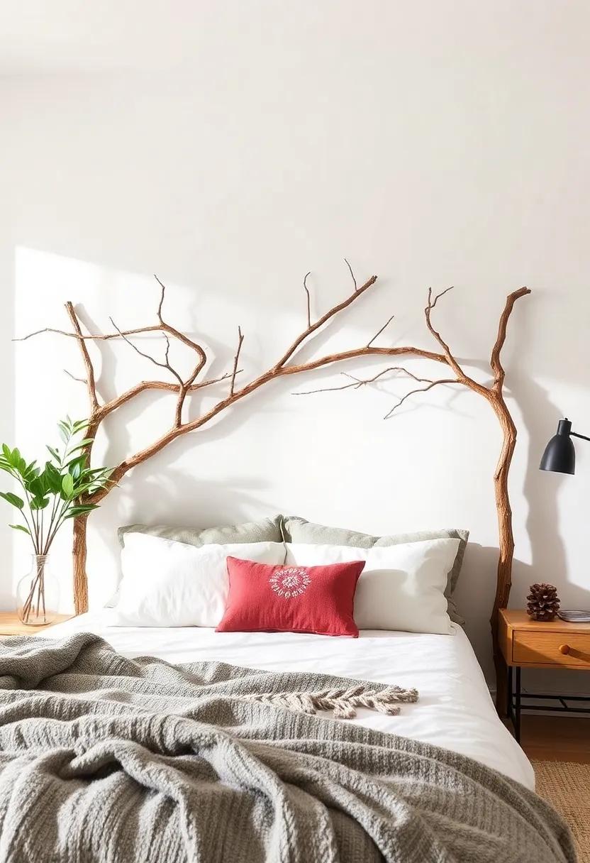 18) Tree branches: Bring the outdoors in by using tree⁣ branches to create a rustic, nature-inspired headboard ​that’s one-of-a-kind