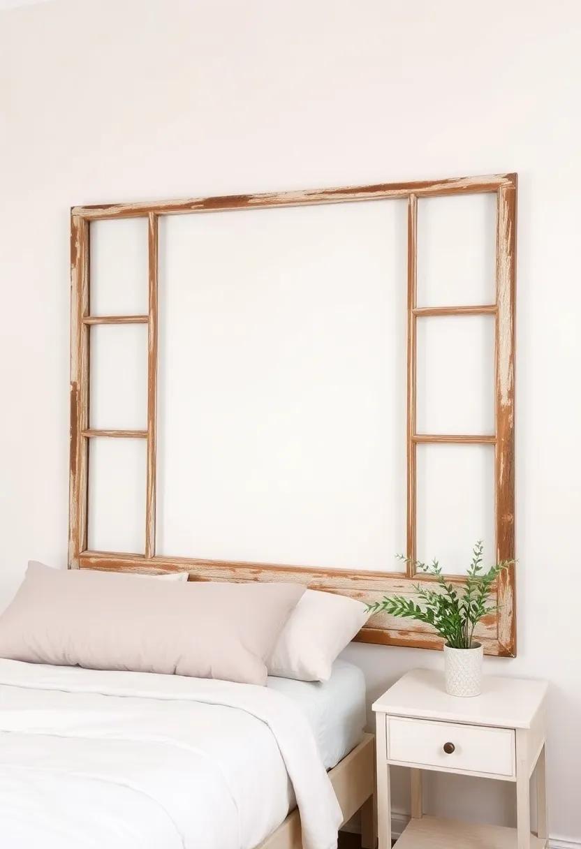 23) Upcycled Window Frames:⁣ Use vintage window frames as a headboard to introduce a charming rustic ⁢element while telling a story