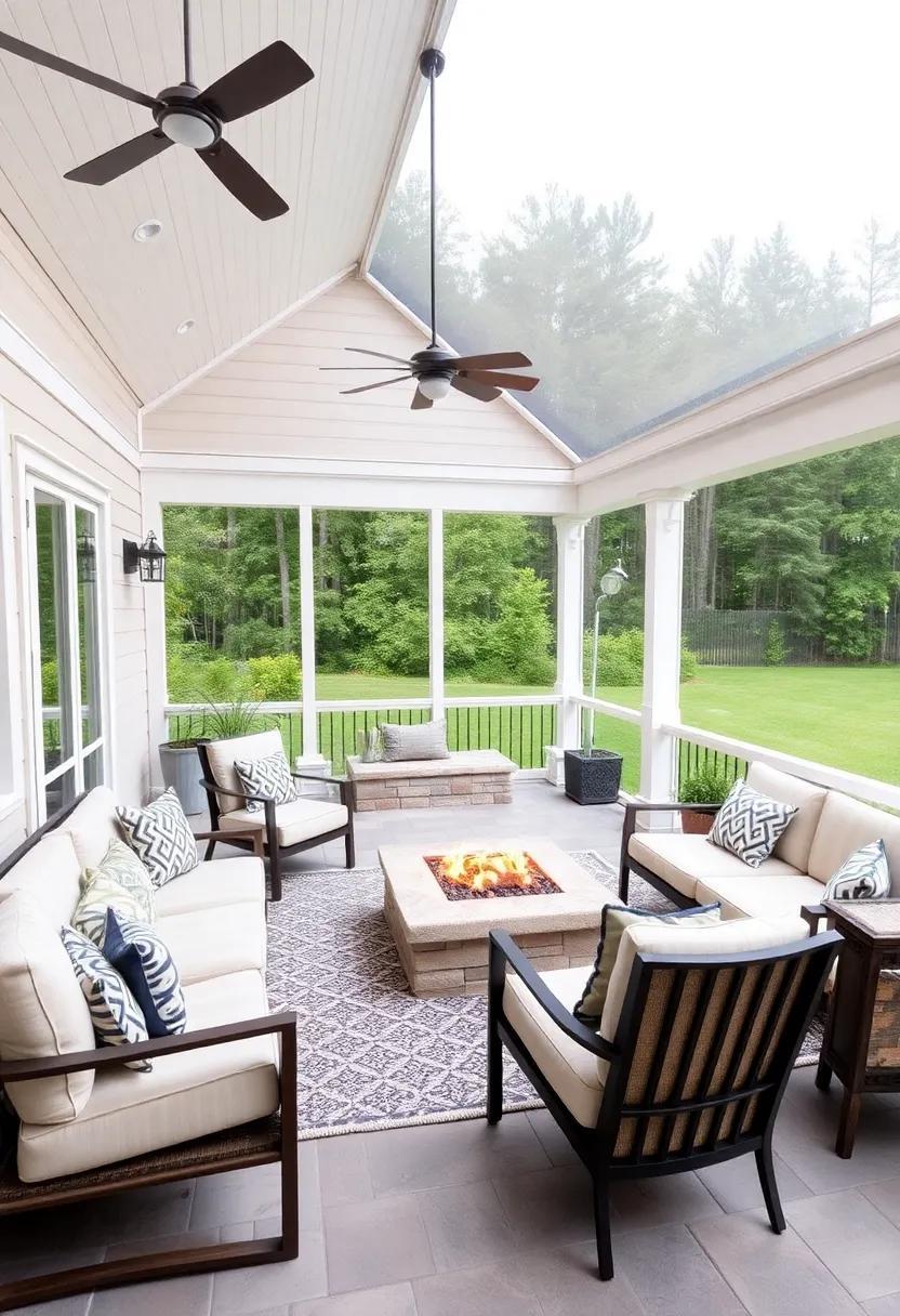 Cozy Large Screened Porch Inspirations: Fire Pits and Comfortable Seating Ideas