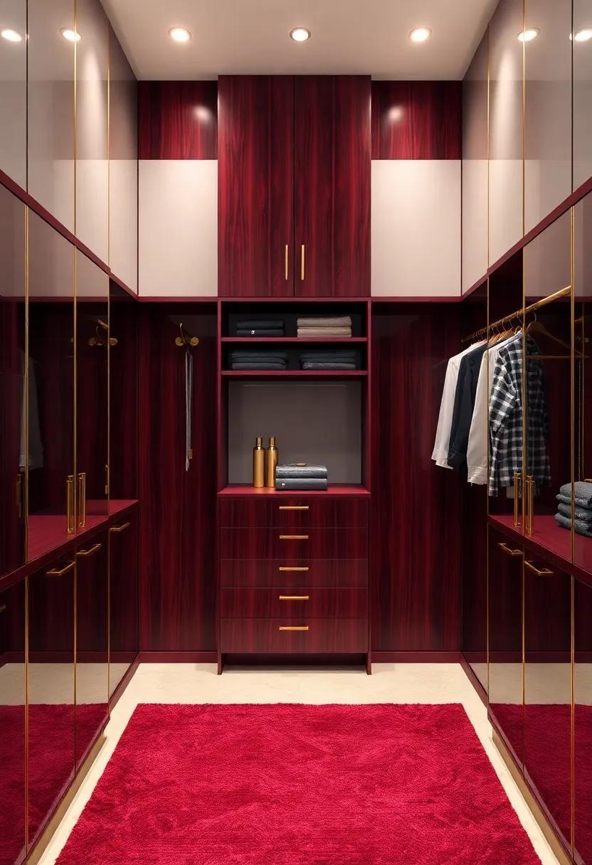 23 Stunning Features of a Deep Burgundy and Brass Luxury Walk-In Closet
