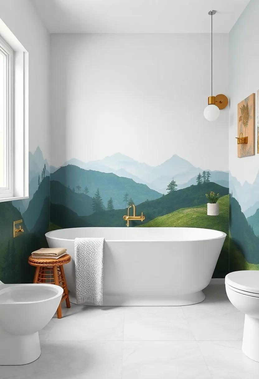 Add a splash of drama with a bold mural or scenic wallpaper that tells a story and gives your bathroom a unique flair
