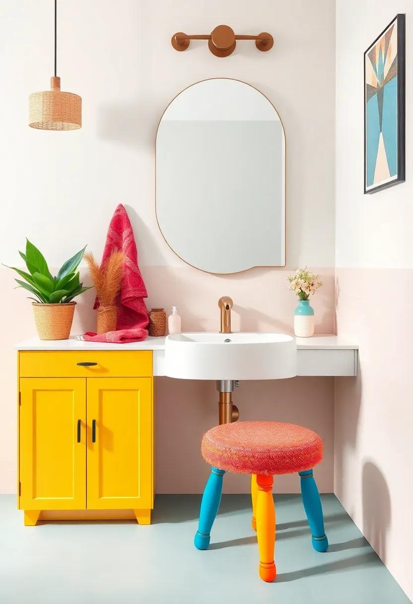 Include a fun and colorful vanity stool or chair that breaks the typical sink-and-mirror routine, adding comfort and charm