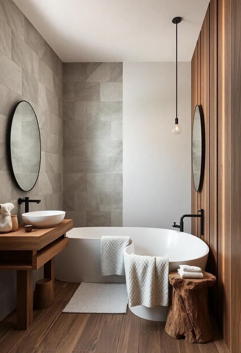 layer textures by combining smooth stone, soft textiles, and rugged wood to create a balanced yet eclectic aesthetic