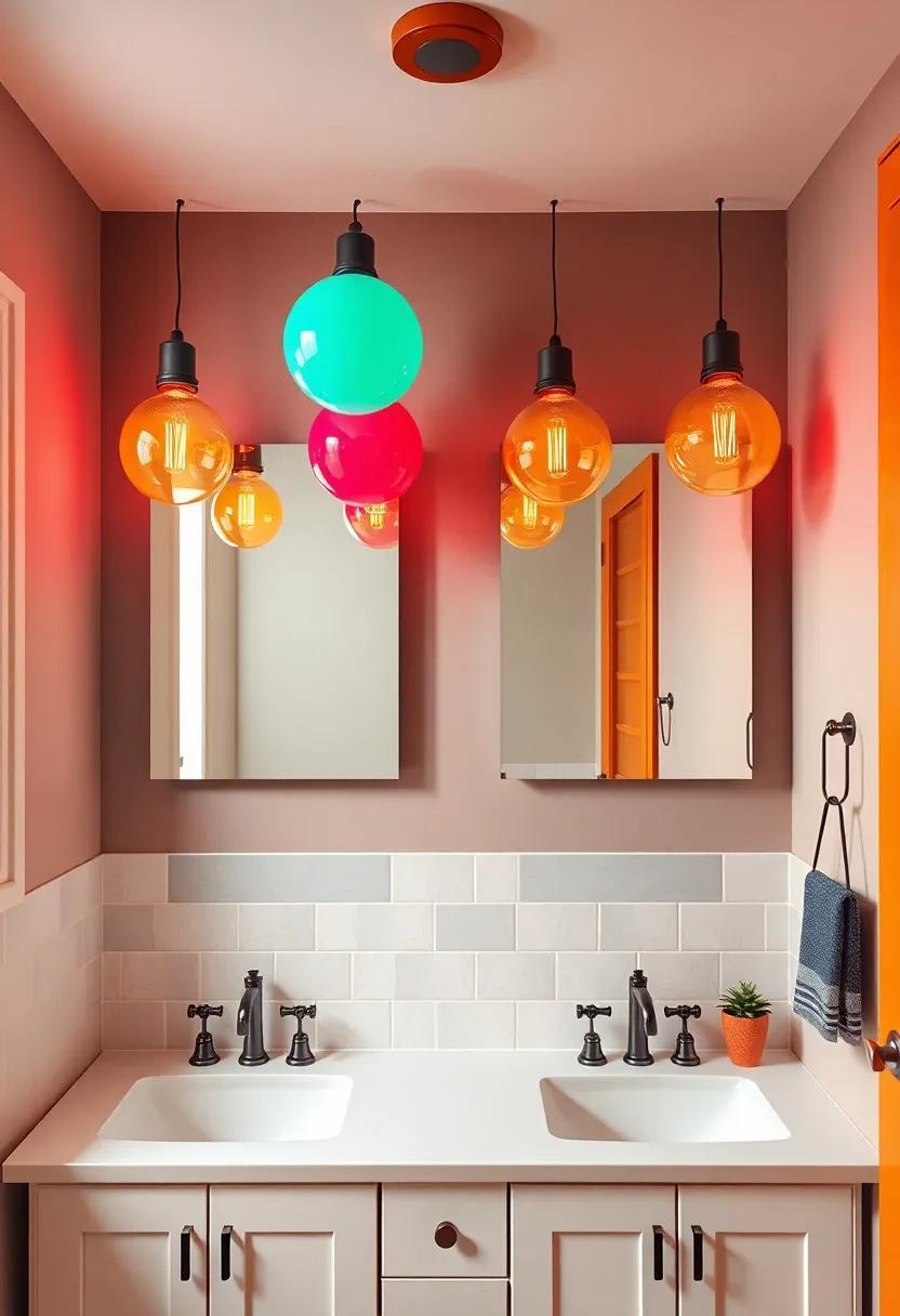 Revamp your light fixtures by choosing oversized, colorful bulbs that triumphantly hang over vanities, mixing modern with playful vibes