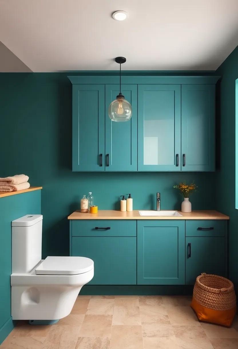 Use an unexpected color like deep teal or mustard yellow for cabinetry, shaking up the conventional shades typically found in bathrooms