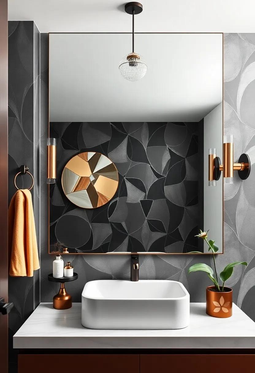 Use a large, dramatic mirror that not only serves a purpose but also becomes a stunning design feature reflecting light and space