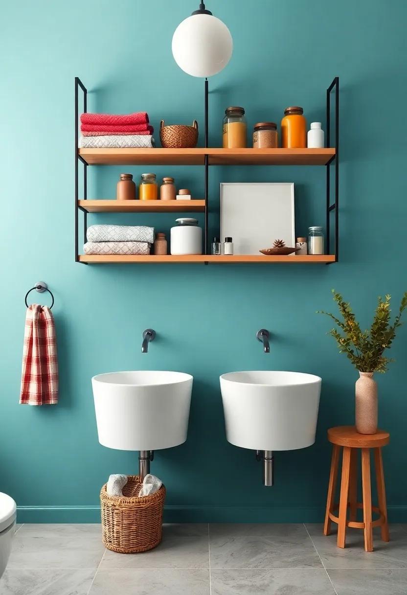 Utilize an open shelving concept to showcase colorful towels, decorative jars, and bath essentials, turning functional storage into a decorative feature