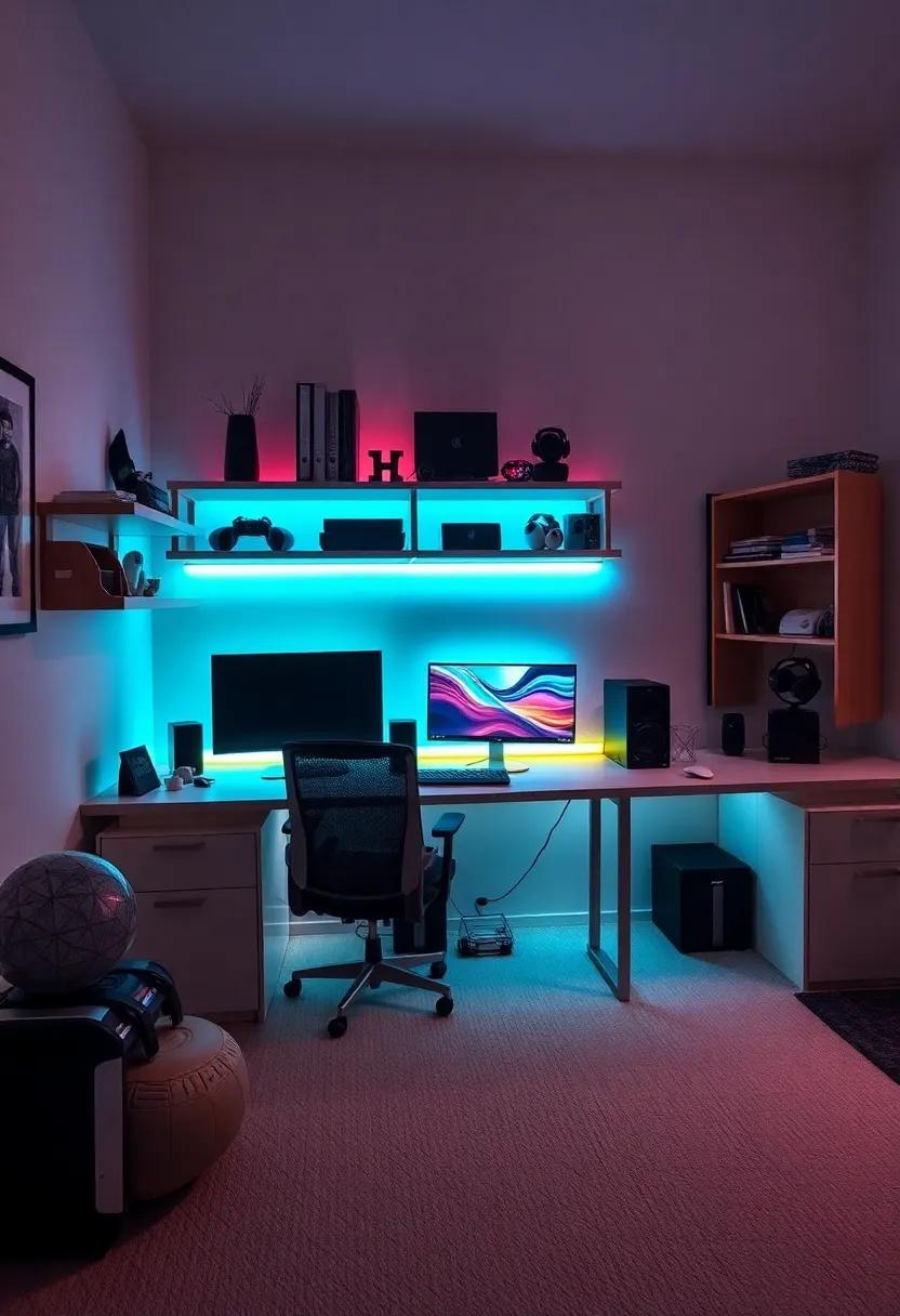 LED Lighting: Add LED strip lights under shelves or ⁣around the ‍desk to create a customizable mood with colors that match the gaming⁤ vibe