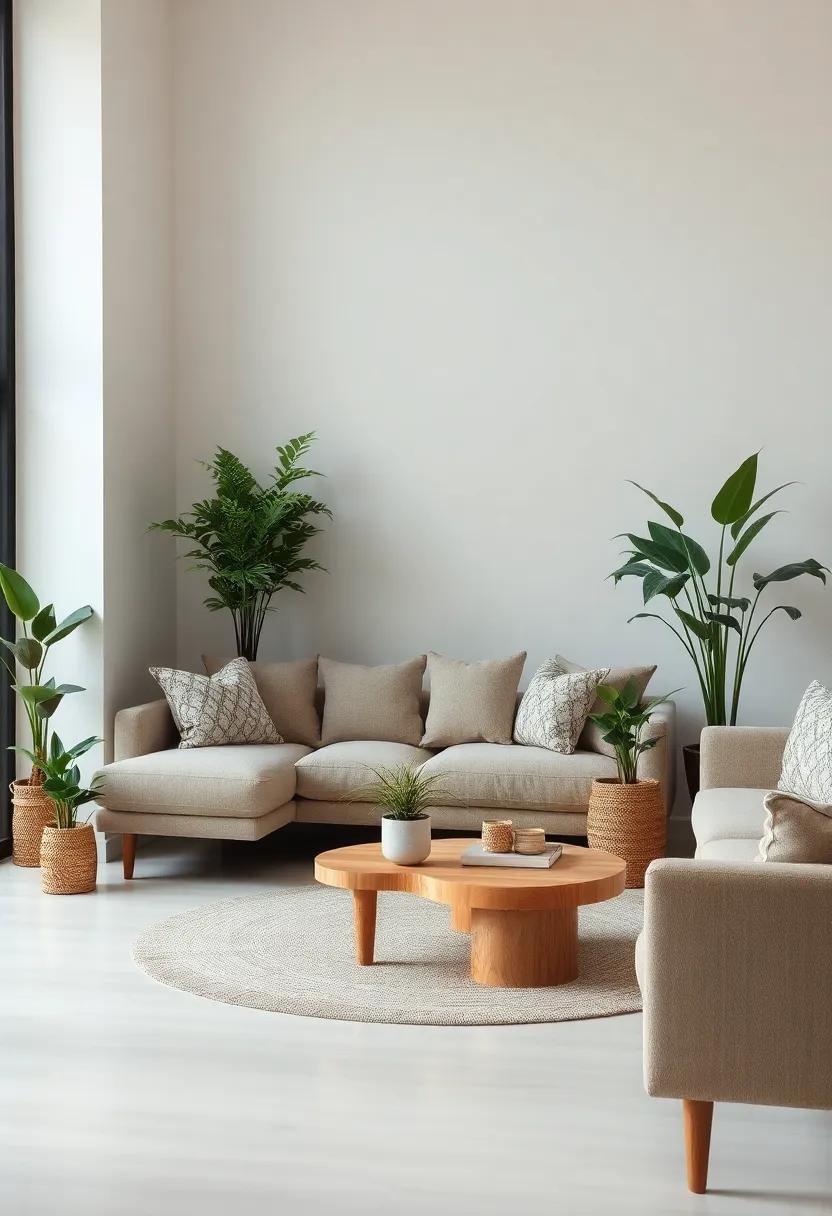 Incorporate houseplants of varying heights to introduce life and vitality into your earthy living space