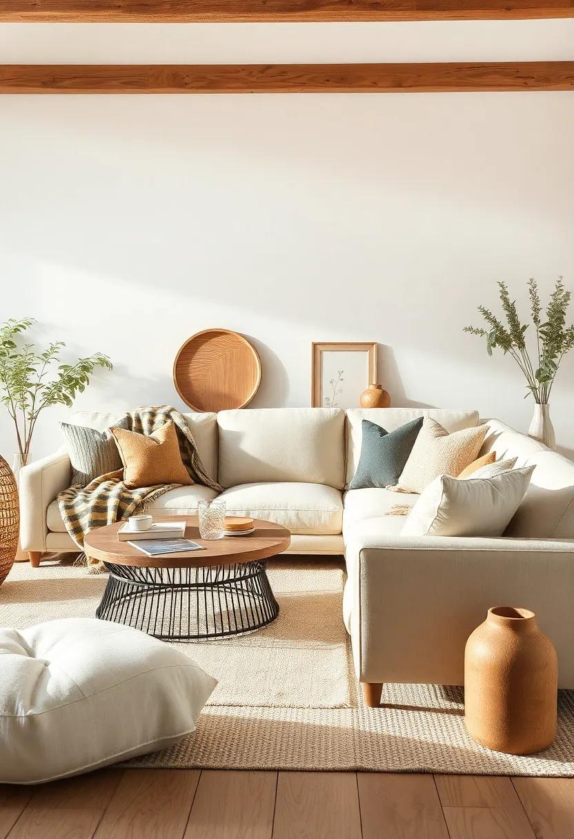 Layer different fabrics, like wool throws and cotton cushion covers, to add tactile richness‌ to neutral couches