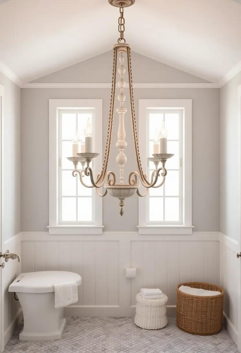 Shabby Chic chandeliers: Install a whitewashed ⁢or distressed chandelier‍ as a statement piece, adding elegance to a⁣ cozy bathroom atmosphere