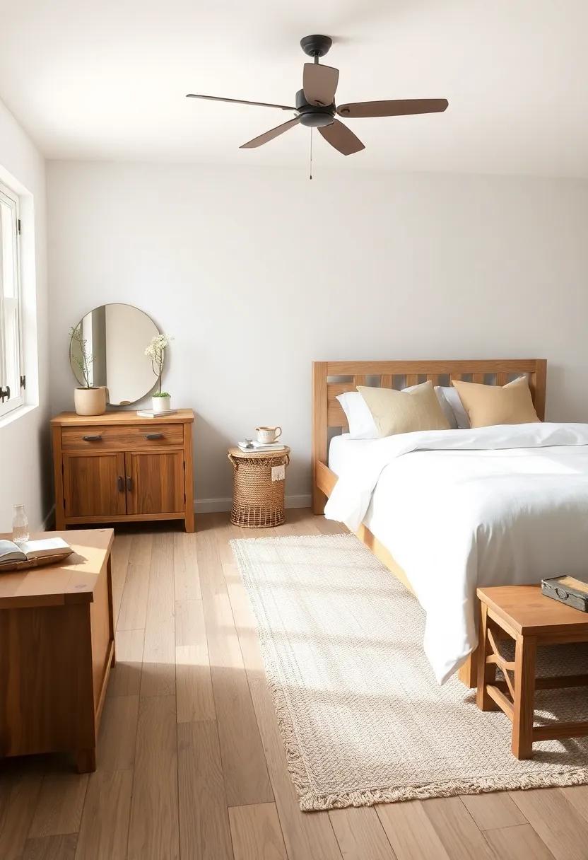 The Warm Embrace of neutral Tones in a​ Farmhouse Bedroom