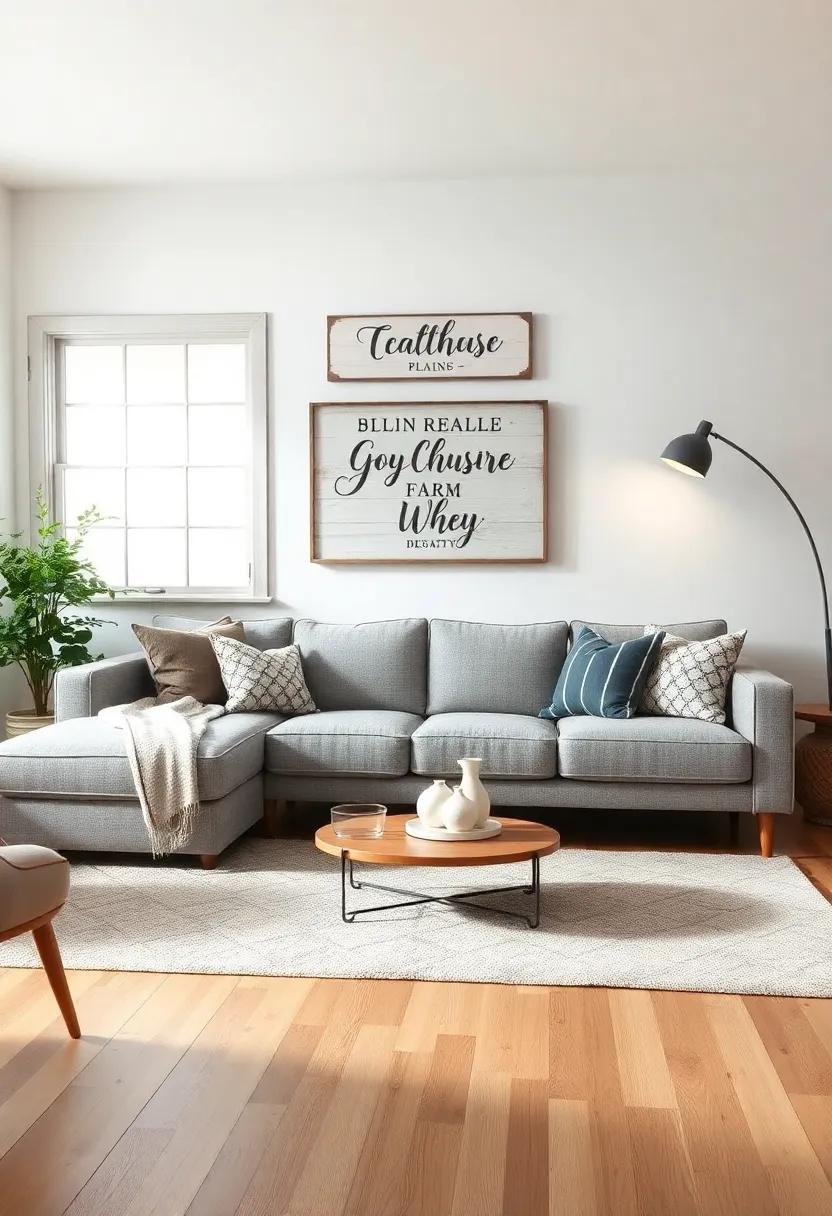 Farmhouse signage: Incorporate charming signs with quotes or farm-inspired themes to bring a bit of countryside nostalgia into your living room