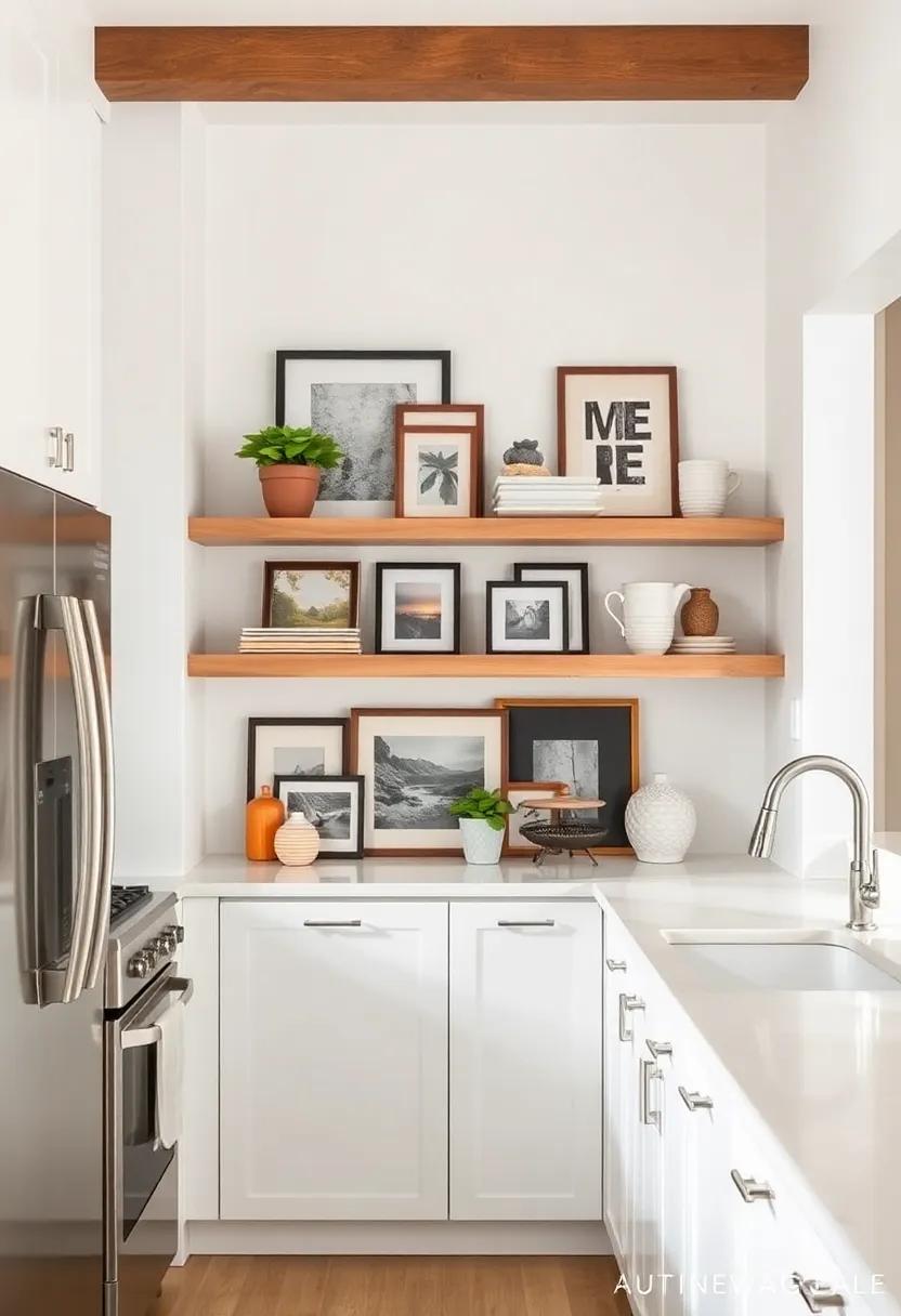 Artful Displays: Use framed art or photos on your shelving to introduce personality and create a gallery-like atmosphere in your kitchen