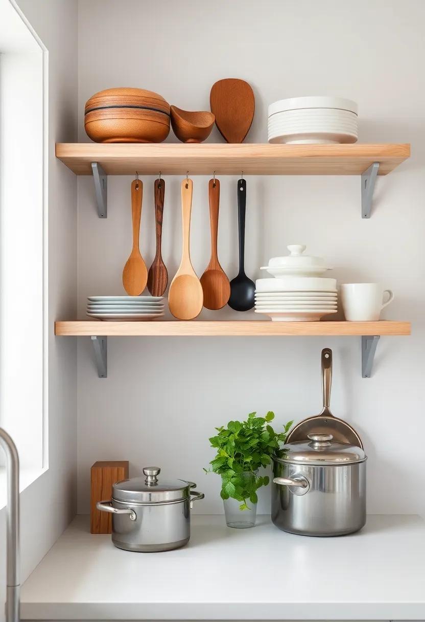 Artful Utensils: hang a set of beautiful wooden spoons or a colorful pot rack as part of your open shelving to enhance both function and design