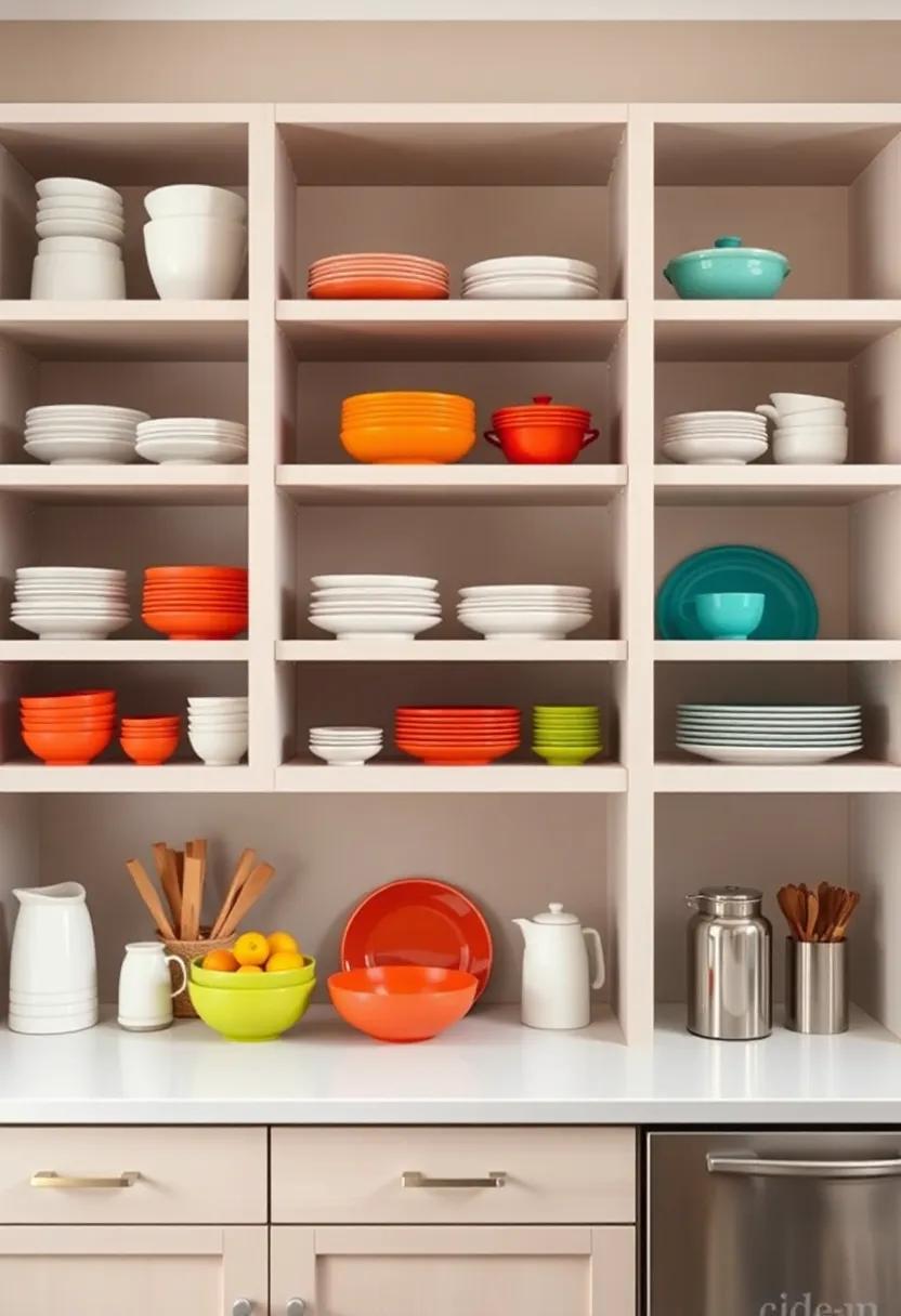 Color Pop: Use vibrant dishware or decorative boxes to add a splash of color to your open shelving, making the space lively and inviting