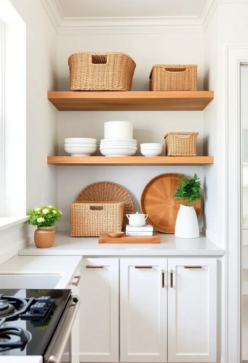 Decorative Baskets: Utilize woven or storage baskets to hide less attractive items, while still maintaining an organized and styled open shelf