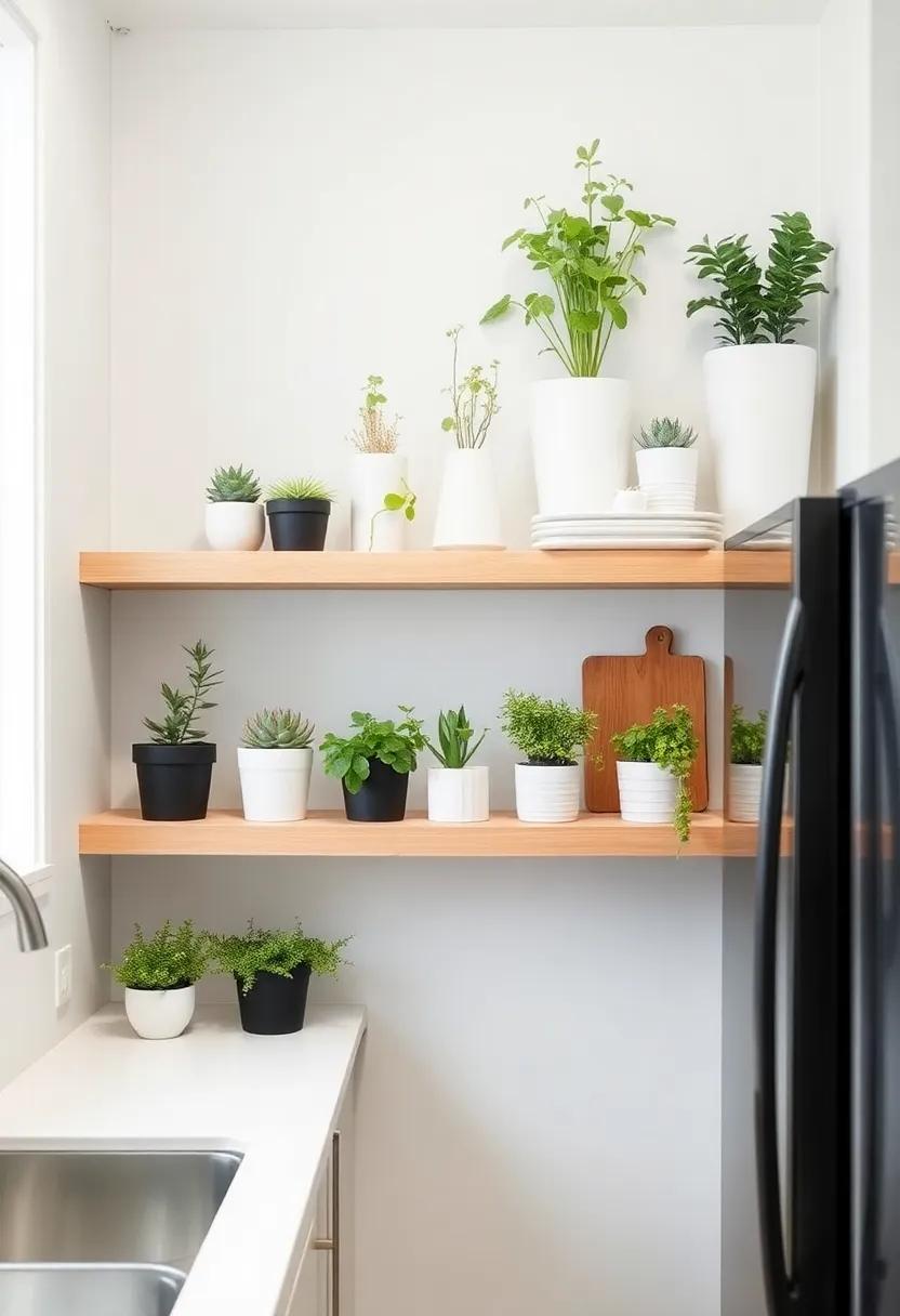 Vertical Gardens: Incorporate small potted herbs or succulents on your shelves to introduce greenery and freshness, enhancing the kitchen's airiness