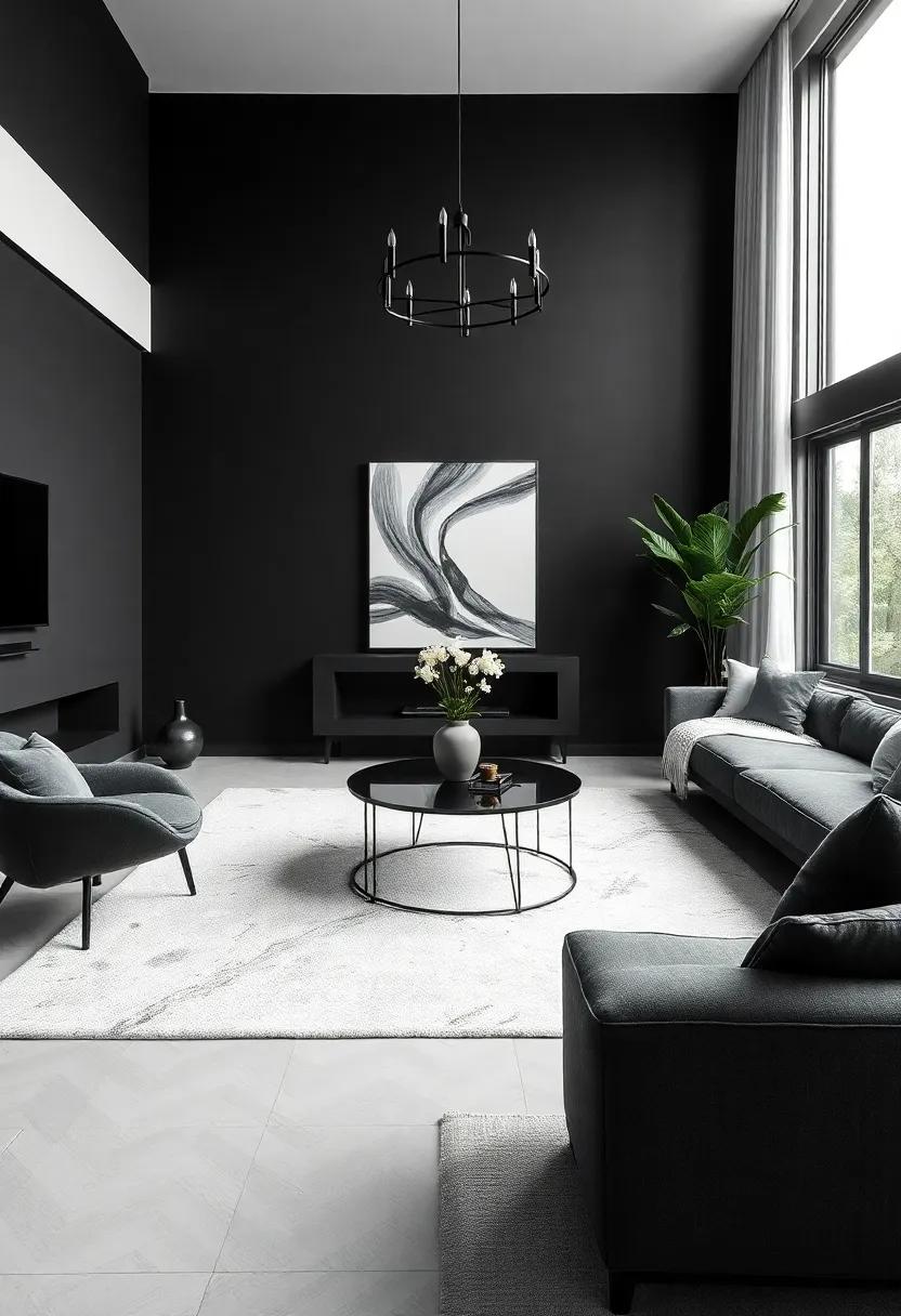 The Impact of Statement Rugs on a Luxurious Black Living Room