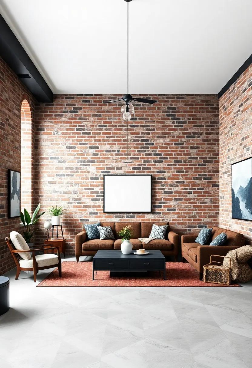 Embrace the raw​ aesthetic with a loft-style living room ⁤featuring dark wood accents that complement the ruggedness ⁢of exposed brick
