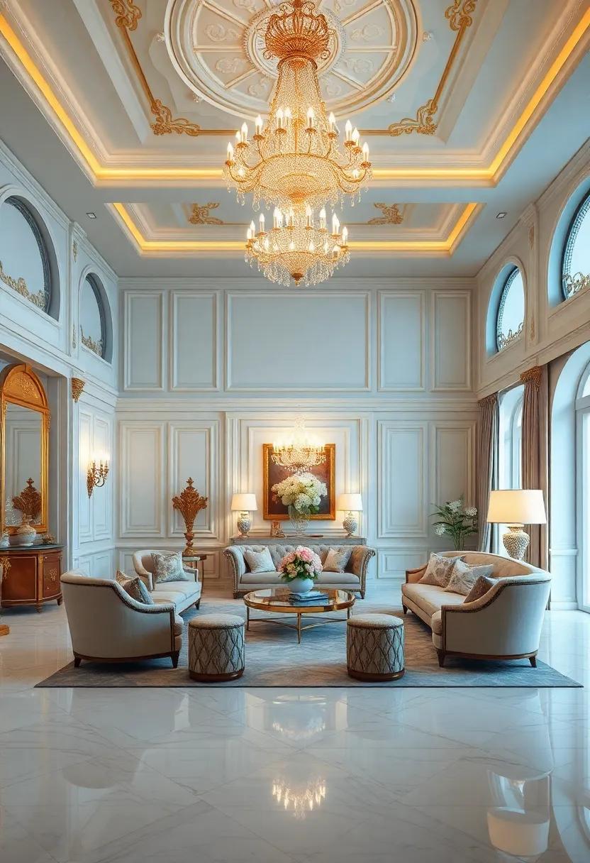 Opulent Living Rooms‍ Adorned with Exquisite Chandeliers and Lavish Fabrics