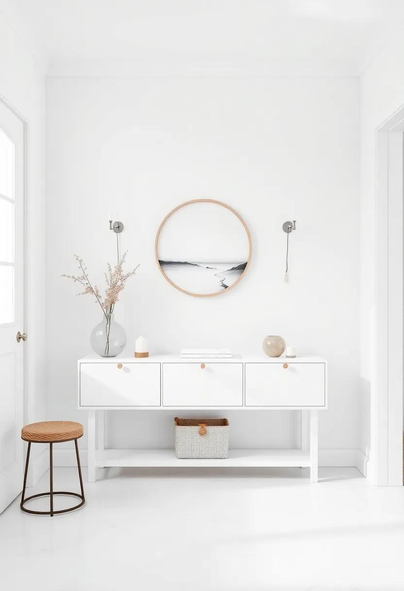 Elegant Entryway: Design a welcoming entryway with sleek white console tables and minimalist hooks to keep the aesthetic refined from the moment you step inside