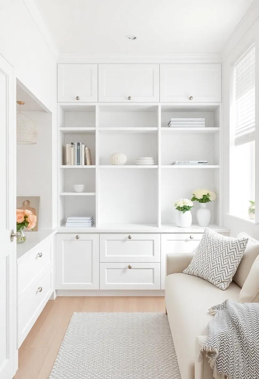 Customized storage Solutions: Use built-in shelves or Scandinavian-style cabinets in white to keep your space organized while maintaining an airy feel