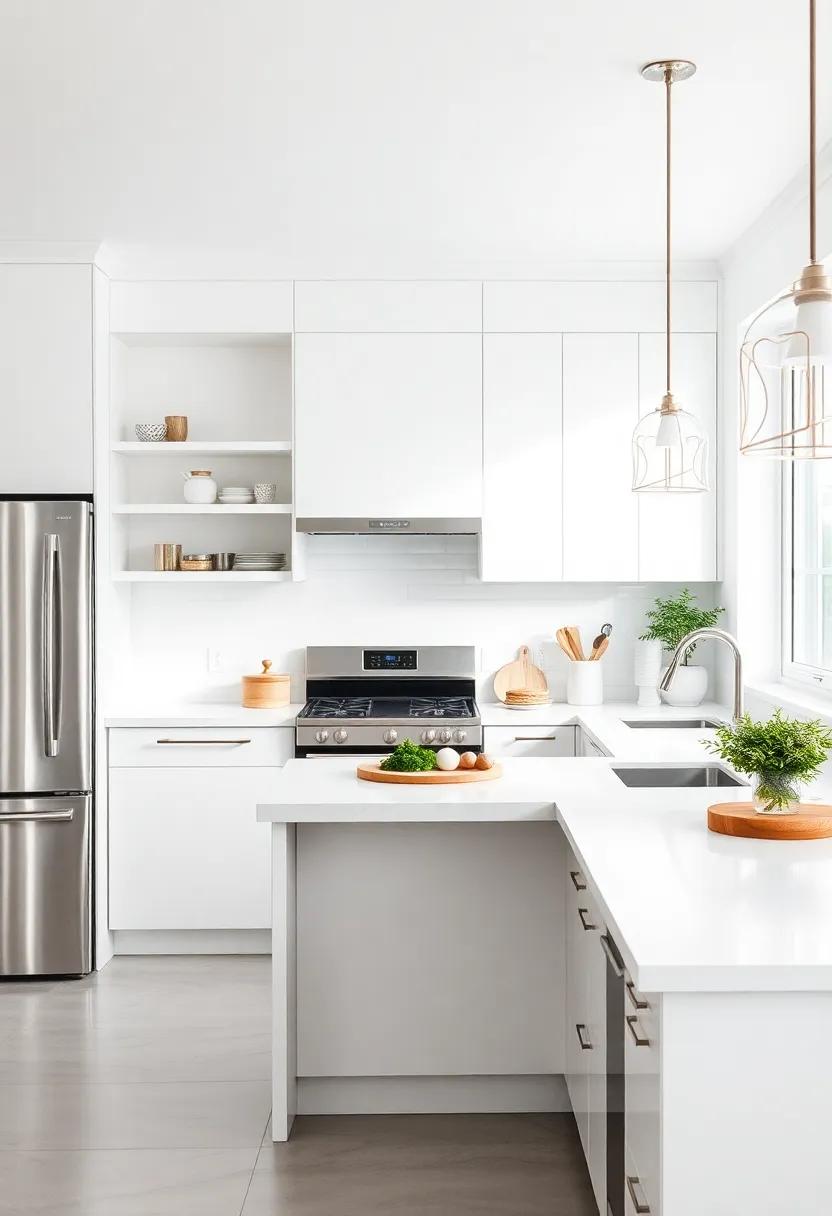Seamless Kitchen Elegance: Design your kitchen with sleek white cabinetry, stainless steel appliances, and airy open shelves for an inviting culinary space