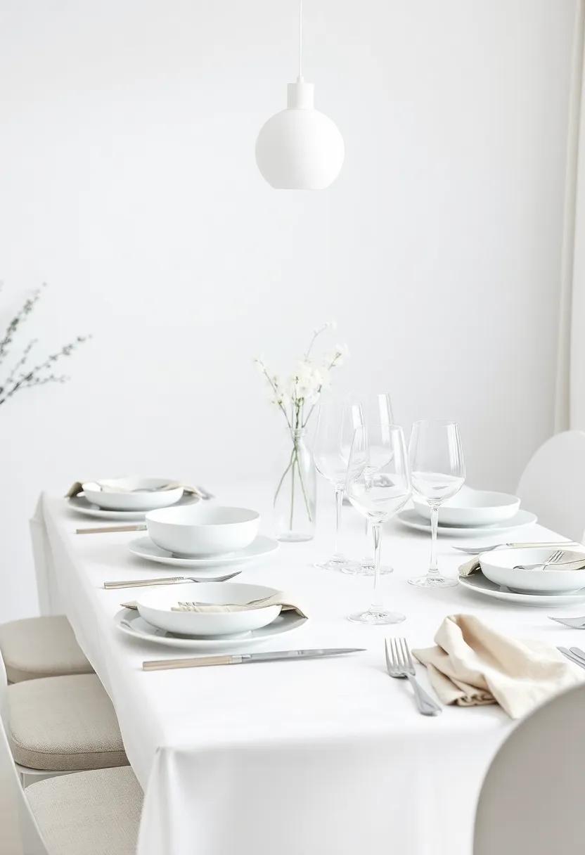 Elegant Dining Setups: Style your dining table with crisp white dishes, simple glassware, and understated linen napkins for a refined yet approachable dining experience
