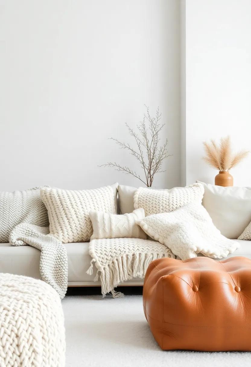 Layered Textures: Mix and match various textures using soft wool throws, chunky knitted pillows, and smooth leather accents to create a cozy yet elegant atmosphere
