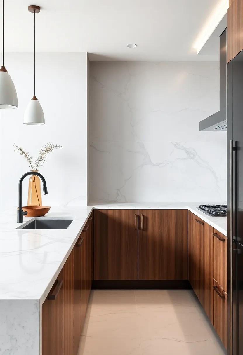 Combine marble countertops with organic materials like wood or leather for a balanced and rich aesthetic