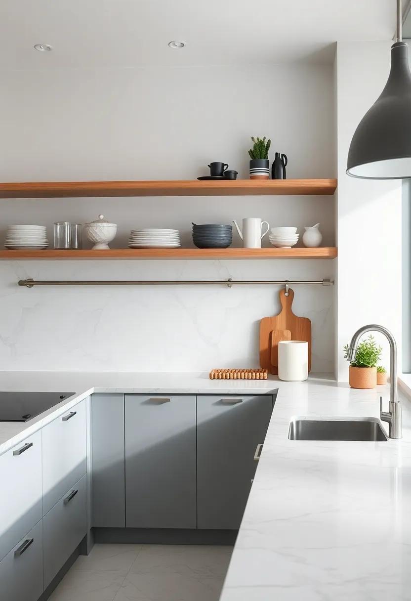 Combine your marble countertops with trendy open shelving to display chic kitchenware and create a lived-in feel