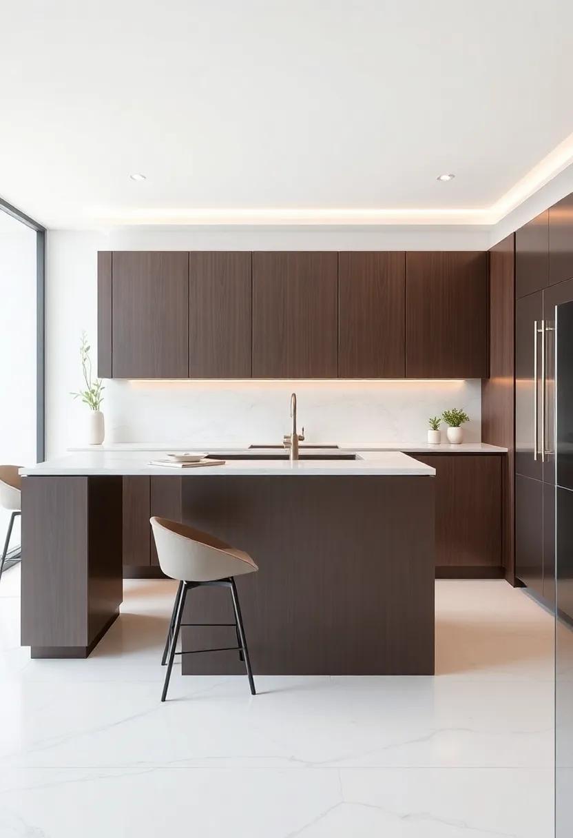 Create a minimalist aesthetic by pairing your marble countertops with sleek, handle-less cabinetry