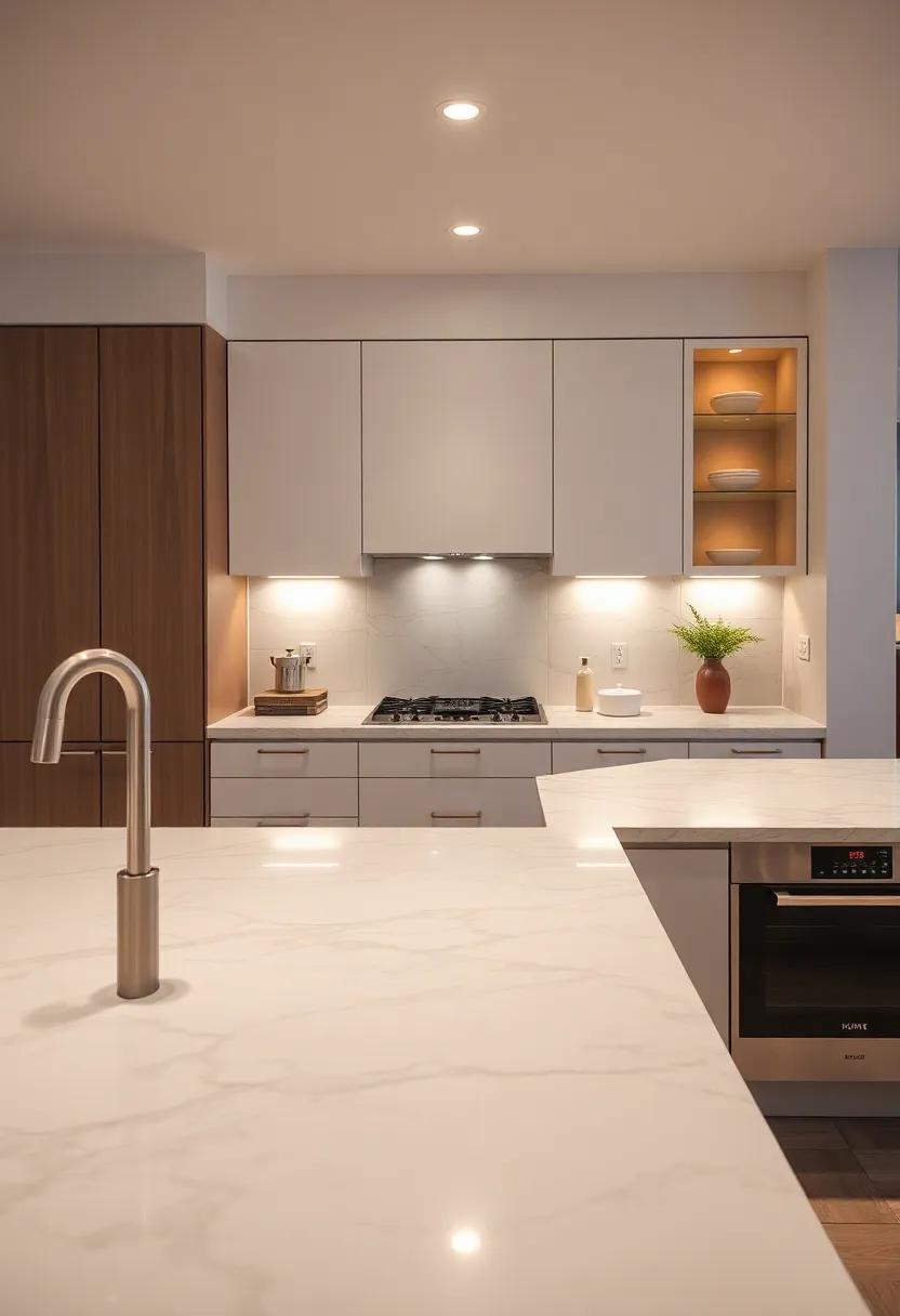 Install under-cabinet lighting that reflects off your marble countertops, creating an inviting and warm atmosphere