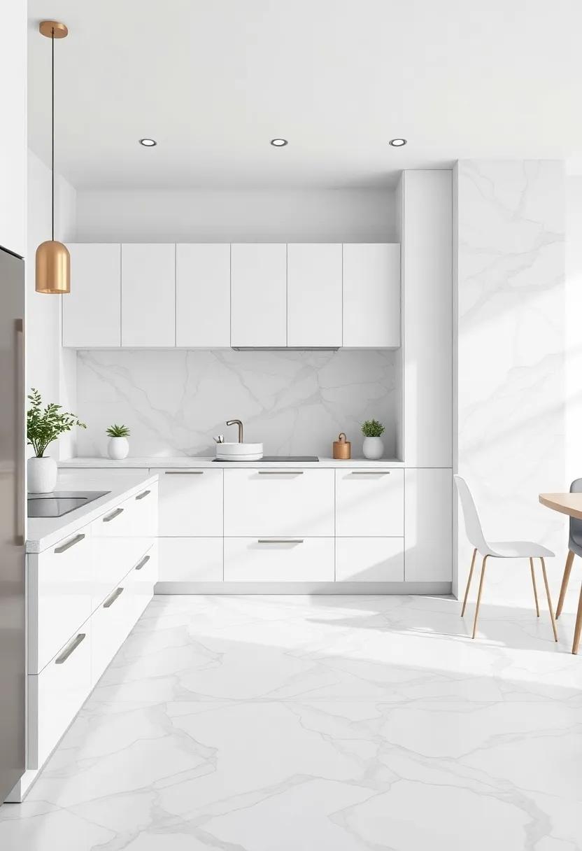 Install marble tile on the floor to complement your countertops, creating a fluid and high-end design throughout the kitchen