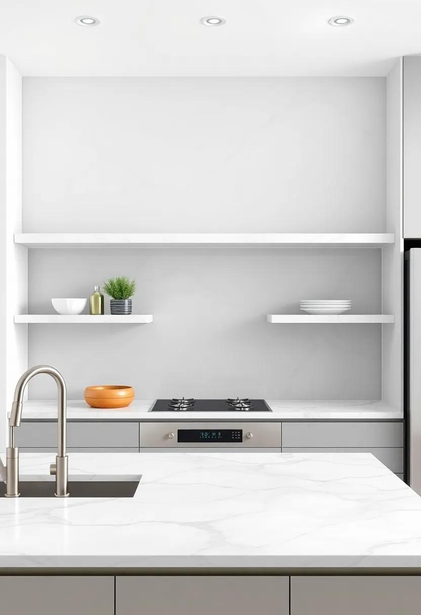 Use marble in multiple areas of your kitchen, such as floating shelves or tabletops, to maintain continuity throughout the design