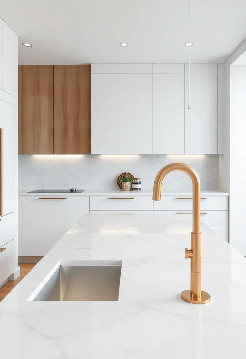 Use contrasting metal finishes in fixtures and hardware to add a touch of glam alongside the marble