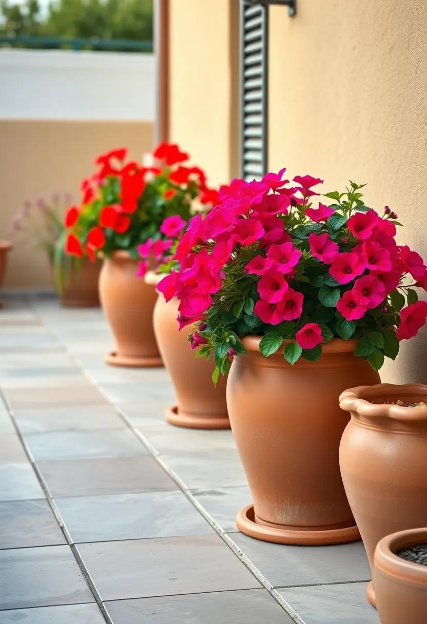 Create⁣ a Mediterranean ⁣feel ⁣with terracotta pots filled⁣ with vibrant⁢ geraniums ‍and bougainvillea, bringing a touch of⁣ exotic ​flair‍ to⁤ your patio